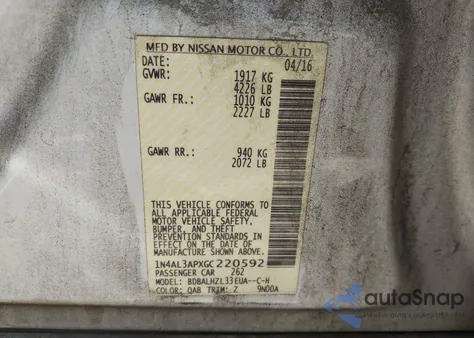 2016 Nissan Altima 2.5/S/Sv/Sl/Sr from USA, damaged, VIN 1N4AL3APXGC220592